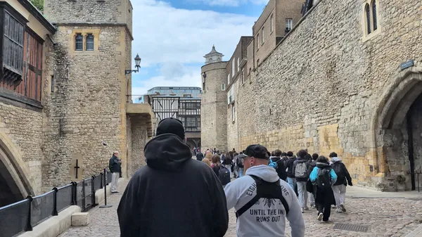 Walking into the Tower of London.